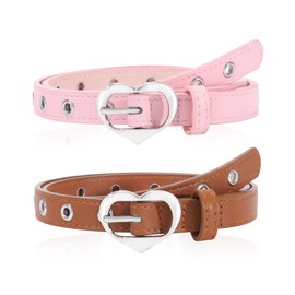 Kajeer Kids Belt for Girls, 2 Pcs Leather Belt PU Durable Hollow Heart Buckle Grommet Belt Youth Belt for Girl Pants Dress