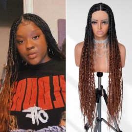 32 Inch Dark Brown Boho Braided Wigs for Black Women Hand-Braided Square Knotless Box Braids Wig with Bohemian Curly, Glueless Lace Synthetic Braided Wig with Baby Hair & Natural Looking Hairline