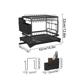 Double-layer Detachable Dish Drying Rack with Utensil and Cutting Board Holders for Kitchen Utensil Storage Rackcolor: Black-1