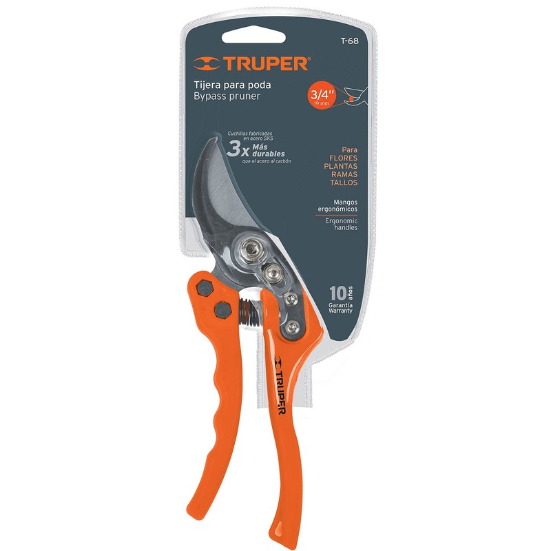 Truper T-68, Tijera para poda 8", acero/nylon, cuchilla de paso
