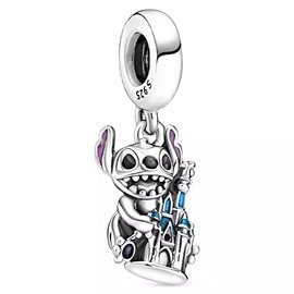 Beads R Us ® - Lilo & Stitch and Fantasyland Castle Dangle Charm in Sterling Silver 925 and Enamel, Compatible with all European style Charm Bracelets, Anklets and Necklaces.