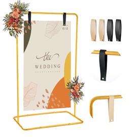 Wedding Welcome Sign Stand, 68”x31”x 20” Heavy Duty Easel Stand for Sign with 4 Leather Strap, Welcome to Our Wedding Sign Holder, Metal Floor Standing Easels for Signs, Poster, Gold
