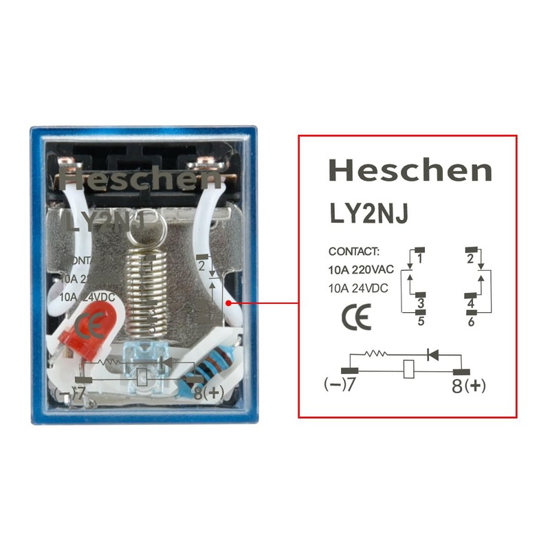 Heschen Gereral Purpose Relay, LY2NJ, 220VAC Coil, 10A 24VDC/220VAC, DPDT,
