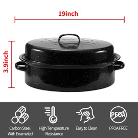 Granite Roaster Pan, 19” Enameled Roasting Pan with Domed Lid. Oval Turkey Roaster Pot, Broiler Pan Great for Turkey, Chicken, Lamb, Vegetable. Dishwasher Safe Cookware Fit for 20Lb Turkey by Kendane