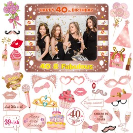 VEGCOO 40th Birthday Gifts for Women, 40th Birthday Decoration Photo Props, Inflatable Photo Booth Frame 40th Birthday Decorations for Women, 33 Pcs Different Rose Gold 40th Photo Booth Props for Her
