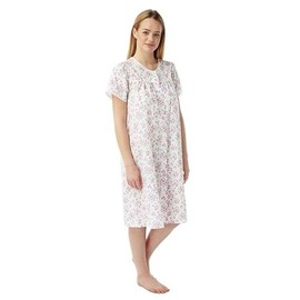 iTRONiK Ladies Pink or Blue or Purple Floral Poly Cotton button through Nightdress Nightie Size 10-32 Plus Size (Pink, 12-14)