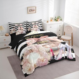 jejeloiu Pink Fashion Comforter Set with Sheets Queen Size Kids Black White Striped 7 Pieces Bedding Set for Boys Girls Teens Floral Bed in a Bag Breathable Perfume High Heels Books Bedroom Decor