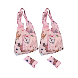 Lucky Lotus (Pack of 2) Cute Durable Nylon Reinforced Reusable Grocery Bag, Tote Bag, Gift Bag,Beach Bag Foldable with Attached Zipper Pouch- Pink