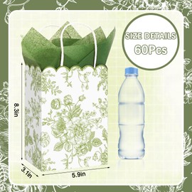 JarThenaAMCS 60Pcs Sage Green Wildflower Paper Bag with Tissue Paper Floral Treat Bags with Handles Candy Goodie Bags for Baby Shower Birthday Wedding Party Favors Supplies