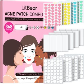 LitBear 3 IN 1 Acne Patch, 7 Sizes 368 Patches Hydrocolloid Acne Patches for Face, Forehead, Nose, 16 XL Pimple Patches Large for Body, Back, Cute Heart-Shaped Acne Cover Zit Patches Acne Dots Sticker