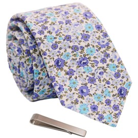 WITZROYS Men's Skinny Tie Floral Cotton Necktie and Tie Bar Clip Sets, Great for Weddings,Groom,Groomsmen (Light Blue & Deep Blue #A24)