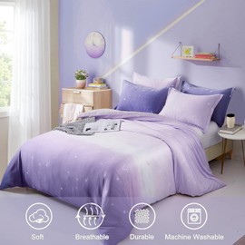 Purple Bedding Set Lavender Gradient Duvet Cover Rainbow Quilt Cover Pillowcase with Zipper Closure for Kids Girls Teens Adults (Single Size 135x200cm)
