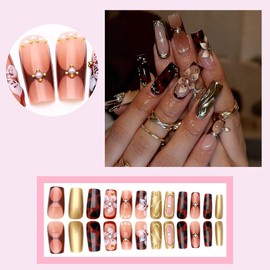 24Pcs Handmade Press on Nails Long Square Fake Nails 3D Gold Chrome Acrylic Nails Artificial Pearl Flower Rhinestones Glue on Nails French Stick on Nails Glossy False Nails for Women Fall Manicure