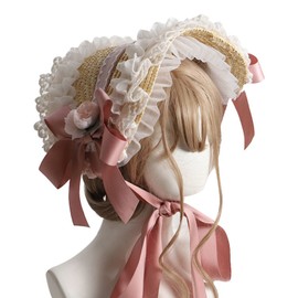 Tea Party Sun Hat Straw Plaited Lace Ribbon Tie Flowers Cute Women's Victorian Sun Hat for Afternoon Tea Wine Red Free Size