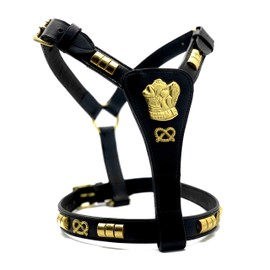 Leather Dog Harness Staffy harness Staffordshire Bull Terrier harness with Staffordshire Bullterrier Head Motif & Knot (23'' GIRTH TO 28'' GIRTH, BLACK WITH GOLD STUD)