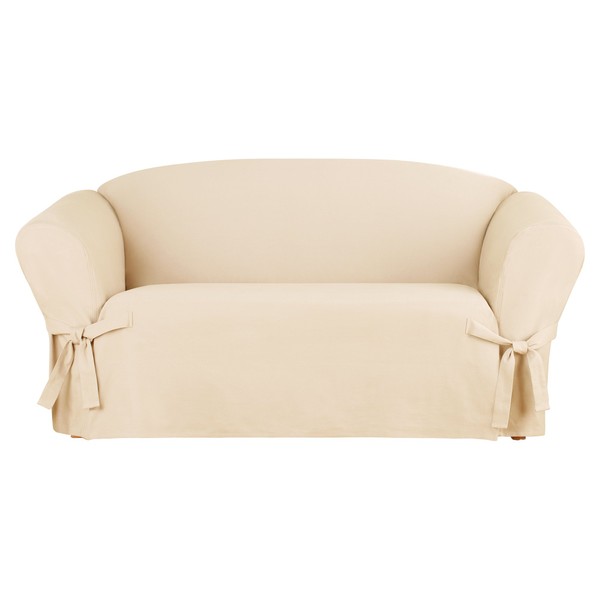 SureFit Heavyweight Cotton Duck Loveseat Box Cushion Slipcover - One Piece Slipcover, Relaxed Woven Fit, 100% Cotton, Machine Washable, Natural, Khaki
