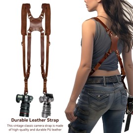 HERCHR Double Camera Strap, Camera Strap Accessory for 2 Cameras, Vintage Multi Gear Camera Strap for DSLR/SLR Universal Strap for Women/Men (Brown)