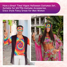 LMSHOWOWO Hippie Costume, 5 Pcs Hippie Accessories Set with Brown Wig Sunglasses Peace Necklace Earrings and Tie Dye Headband, 60s 70s Fancy Dress for Men Women, for Hippy Disco Cosplay Themed Party