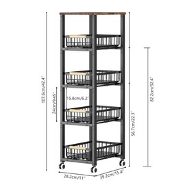 Stranthother Kitchen Storage Cart Slim Rolling Cart On Wheels,5-Tier Skinny Kitchen Island Utility Organizer Storage Cart with Pull-Out Baskets and Wood Top,Mesh Fruit Basket Cart with Handle