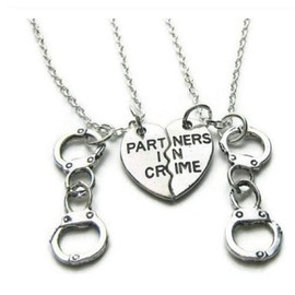 Generic Branding Partners in Crime Split Heart With Hand Cuffs Metal Charm Necklace Set of 2