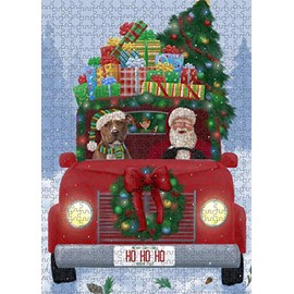 Christmas Honk Honk Red Truck with Santa and Pitbull Dog Jigsaw Puzzle for Adults - Animal Printed Interlocking Puzzle Game Artwork - Gift for Dog Lover's- 500 Pcs 14"x20", PZLE59870