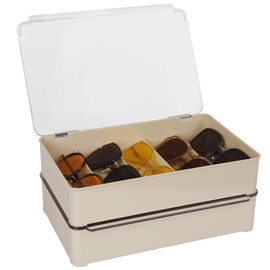 FORUP Sunglasses Organizer, Plastic Stackable Eyeglass Case Storage Organizer, Sunglass Glasses Storage Box with Hinged Lid, 5 Sections, 2 Pack, Cream White
