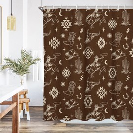 EGLGCC Western Cowboy Shower Curtain Aztec Desert Southwest Boho Cactus Brown and Gold Cow Bull Farmhouse 60x72 Inch Fabric Polyester Cloth Washable Waterproof Bathroom Decor 12 Hooks