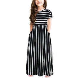 GORLYA Girl's Short Sleeve Floral Print Loose Casual Holiday Long Maxi Dress with Pockets 4-12 Years (6-7Years/Height:120cm, Black Stripe)