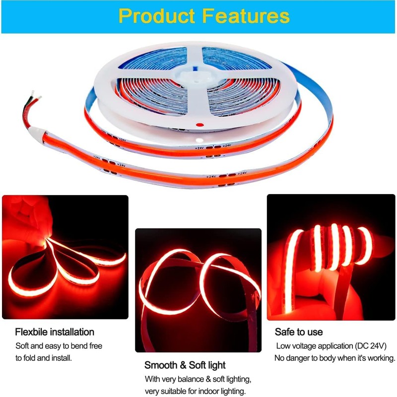 Tesfish LED Strip Lights 24V, Band COB Red 16.4ft 320