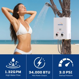 Hillhub Tankless Water Heater Propane, 5L/1.32GPM Portable 34,000 BTU Outdoor Gas Shower with 3-Mode Showerhead, Overheating Protection CSA Certified for RV Camping & Outdoor Use - White