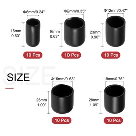 sourcing map 50pcs Round Rubber End Caps Protective Caps 6mm 9mm 12mm 16mm 19mm Black Vinyl Cover Screw Thread Protectors Assortment
