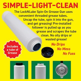 LockNLube Spin-On Lever Grease Gun Kit. includes: 1 tube grease, The Grease Coupler plus a heavy-duty 20" grease hose and in-line hose swivel
