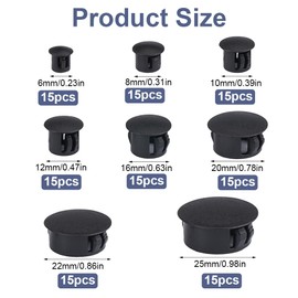 Cover Caps for Drill Holes, Blanking Plugs, Plastic Hole Plugs, Black, 6/8/10/12/16/20/22/25 mm, Pack of 120 Drill Hole Cover Caps, Borehole Cover Plugs, Sealing Plugs for Cabinets, Machines,