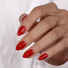 KQueenest Red Press On Nails Short Oval - Acrylic Press on Nails Short Almond, Opaque Light Red Fake Nails with Glue, Glossy Opaque, Reusable Soft Gel Glue on Nails for Women, 24 Pcs