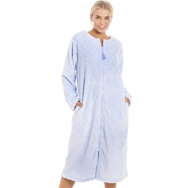 Camille Women's Super Soft Fleece Housecoat - Diamond Print Zip Up Bathrobe - Long Sleeved and Side Pockets for Ultimate Comfort & Warmth Blue 10-12