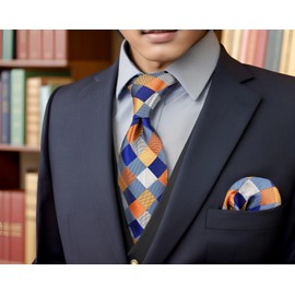 S&W SHLAX&WING Tie Sets for Men Neckties Blue Orange Check Classic Size 57.5" with Pocket Square