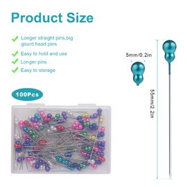 100 Pcs Sewing Pins for Fabric, 2.2 Inch Gourd Shaped Decorative Straight Pins for Corsage Straight Quilting Pins with Colored Heads for Bouquet Fabric Sewing Dressmaking Stitch Crafts