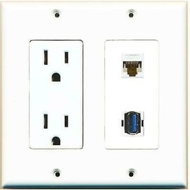RiteAV [ 2 Gang ] 15 Amp Duplex Power Outlet USB 3.0 CAT6 Ethernet Coupler Wall Plate