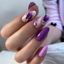 Rchovsam Marble Press on Nails Medium Almond Nails Press Ons Purple Marble Designs False Nails Full Cover Glossy Artificial Acrylic Fake Nails Gift for Women 24pcs