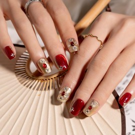 Red Press On Nails -Acrylic Nail Kit with Nail Tips Silver Glitter Rhinestones Design Glossy Cute Press On Nails Blue French Tip Press On NailsValentine Nails(L)