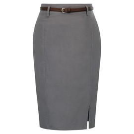 Kate Kasin Women Knee Length Pencil Skirt with Belt Formal Interview Skirt Dark Grey XL
