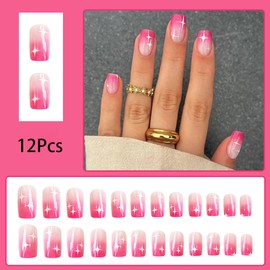 24Pcs Star Press on Nails Short Square Fake Nails - Stars with Gradient Design Full Cover Artificial on Nails False Nails Shiny Wearable Manicure Patches for Daily Stick on Nails