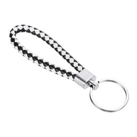 PATIKIL Braided Leather Keychain with Stainless Steel Key Ring, PU Woven Wristlet Lanyard Strap Fob Keyring Holder for Car Bag Wallet Pendant, Black White