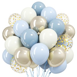 Dusty Blue Gold Balloons,12 Inch Pastel Baby Blue Sand White and Gold Latex Balloons for Boy Baby Shower Bridal Shower Baby Party Decorations