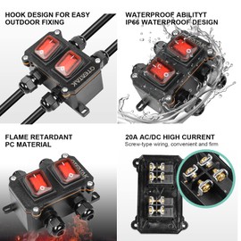 QTEATAK Inline Cord Switch DPST AC/DC 20A-125V,16A-250V,30A-24V,35A-12V, IP66 Waterproof On-Off Toggle Switch with 2 Red Light Rocker Buttons