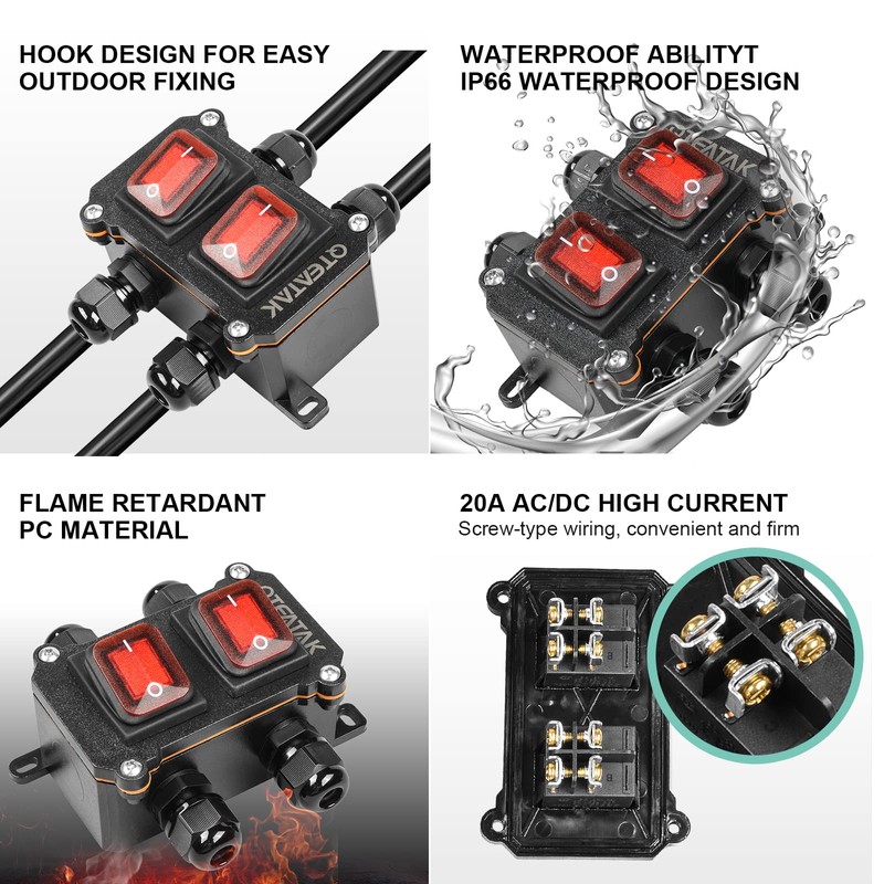 QTEATAK Inline Cord Switch DPST AC/DC 20A-125V,16A-250V,30A-24V,35A-12V, IP66 Waterproof On-Off