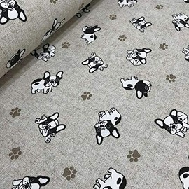 Kt KILOtela - Canvas Decorative Fabric, Home Accessories, Tablecloths, Cushions, Curtains, Bags, 100 cm Length x 280 cm Width, Dogs, French Bulldog, Beige, Black - 1 Metre