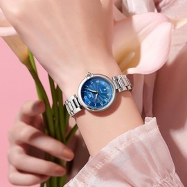 OLEVS Wrist Watches for Women Elegant Date Roman Numeral Scale Womens Quartz Watches Stainless Steel Watches with Blue Dial Waterproof Luminous