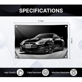 3x5 Feet Black GTR Racing Car Flag with Four Brass Grommets - Cool Polyester Racing Flag Banner for Outside on Inside - Vintage JDM GTR Fans Wall Garage Decoration - Auto Banner for Bedroom