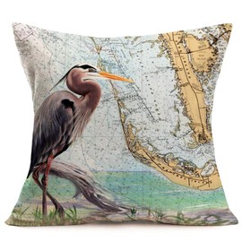 Royalours Throw Pillow Covers Cotton Linen Vintage Ocean Heron Style with World Map Geography Background Decorative Pillow Case Home Sofa Cushion Cover Square 18" x 18" Set of 2 Pillowslip (Egret Set)